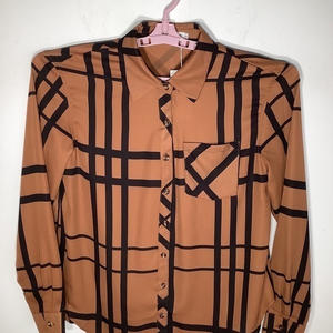ZC&GF Womens Long Sleeve Button Up Blouse Brown & Black Sz L NWT.
